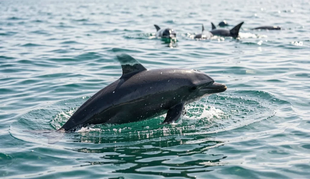 A pygmy killer whale surfaces in a tropical ocean with its dorsal fin and part of the head visible while other individuals swim nearby.