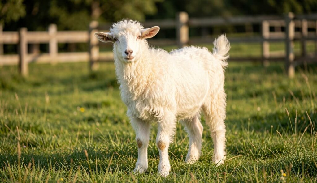 A white Pygora goat with curly fiber standing in a green pasture near a wooden fence