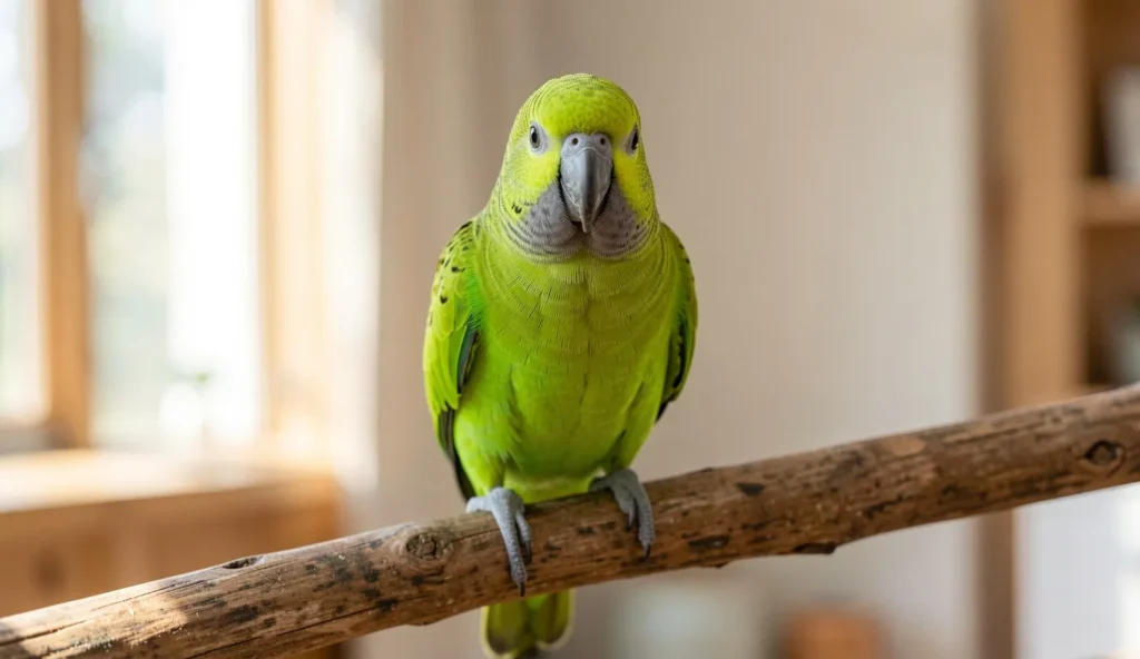 A green Quaker parrot with a gray face perches on a wooden branch, looking at the camera in natural light.