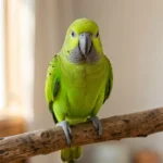 A green Quaker parrot with a gray face perches on a wooden branch, looking at the camera in natural light.
