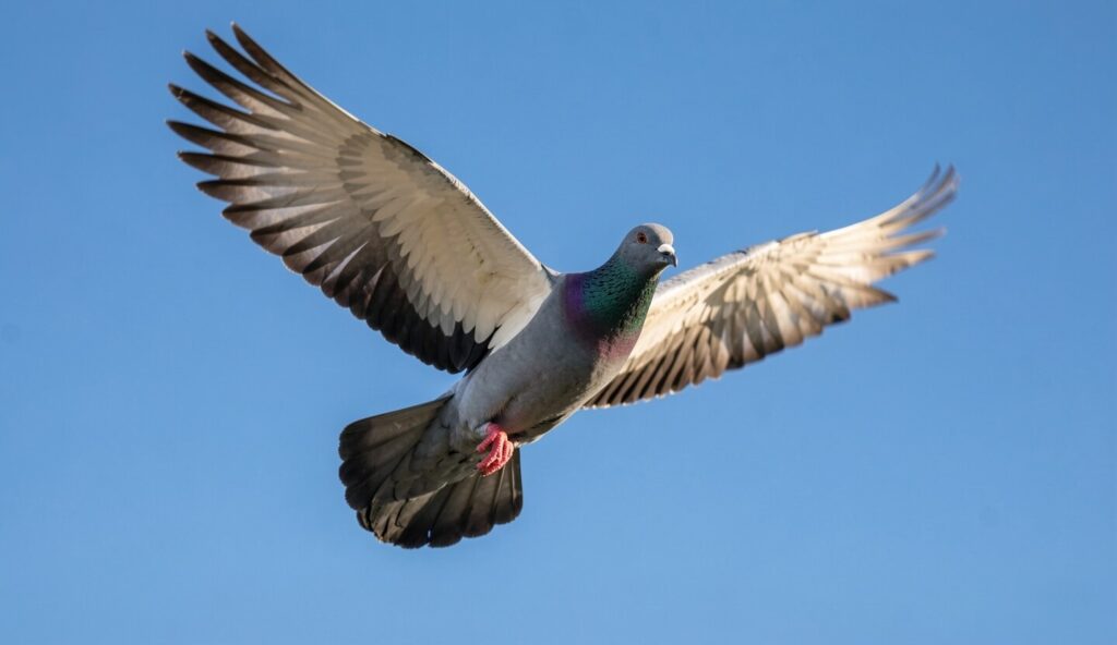 Racing Homer pigeon flying with wings outstretched under blue sky
