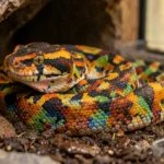 Rainbow Boa – Humidity Control, Care Essentials & Full Care Guide Rainbow boa coiled inside a humid hide in a high humidity terrarium with warm lighting and damp substrate.