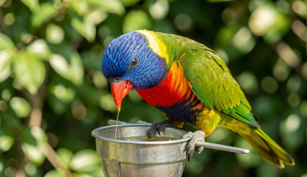 Rainbow Lorikeet with its tongue dipped into a nectar feeder, showing blue head and green wings.