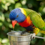 Rainbow Lorikeet with its tongue dipped into a nectar feeder, showing blue head and green wings.