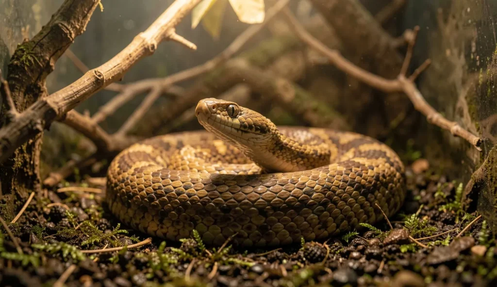 A sunbeam snake resting coiled inside a secure terrarium hide with moist substrate and branches visible in the background