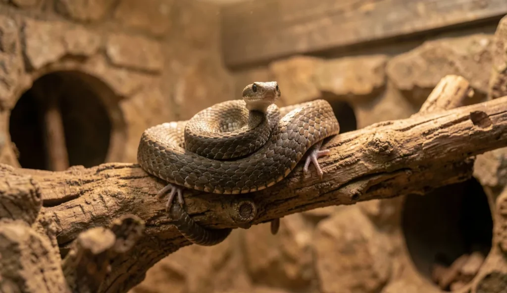 A rat snake resting on a branch inside a secure terrarium with visible hides and a warm light area.