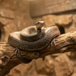 Rat Snake – Species Overview, Temperament, Size Differences & Rat Snake Care Guide A rat snake resting on a branch inside a secure terrarium with visible hides and a warm light area.
