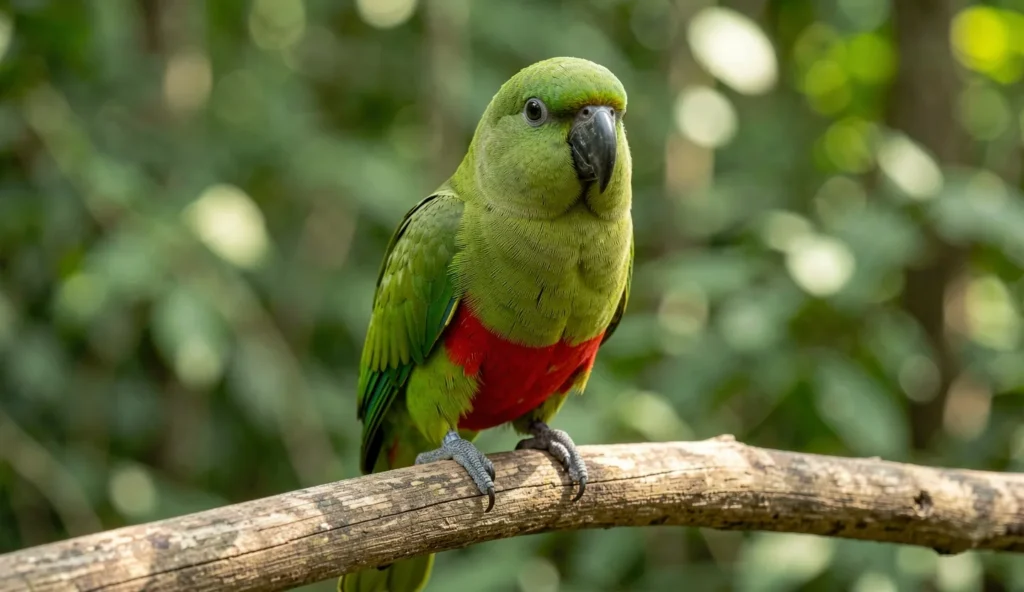Red Bellied Parrot perched on a branch showing its red belly and green plumage with a blurred natural background