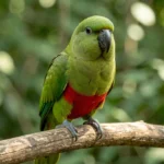 Red Bellied Parrot perched on a branch showing its red belly and green plumage with a blurred natural background