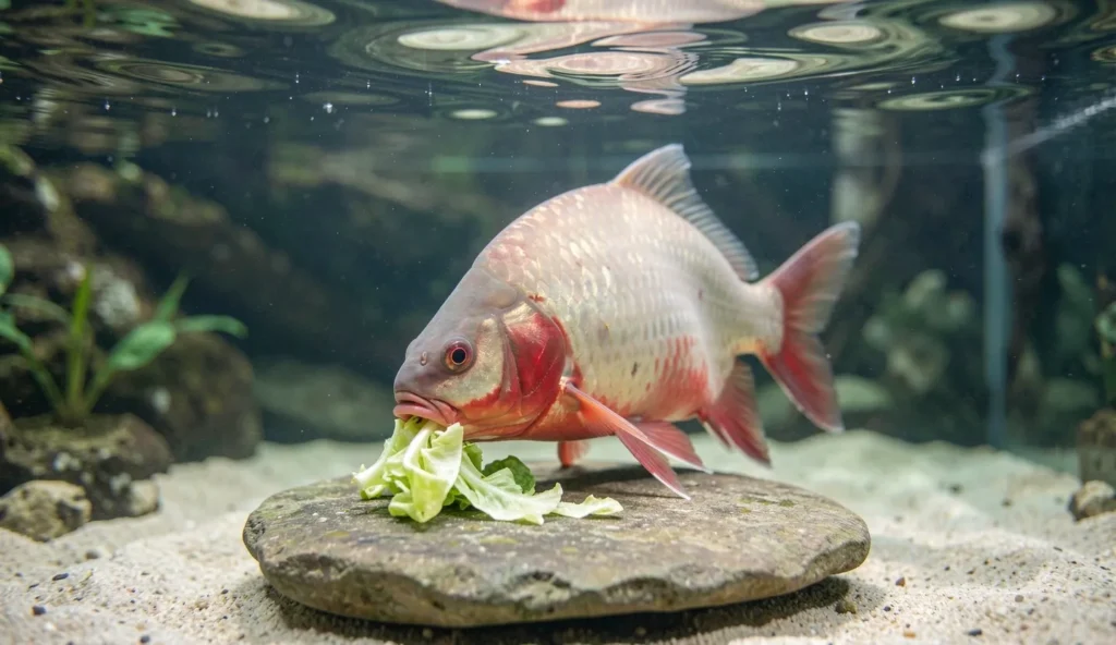 Red belly pacu biting blanched leafy greens in a large aquarium