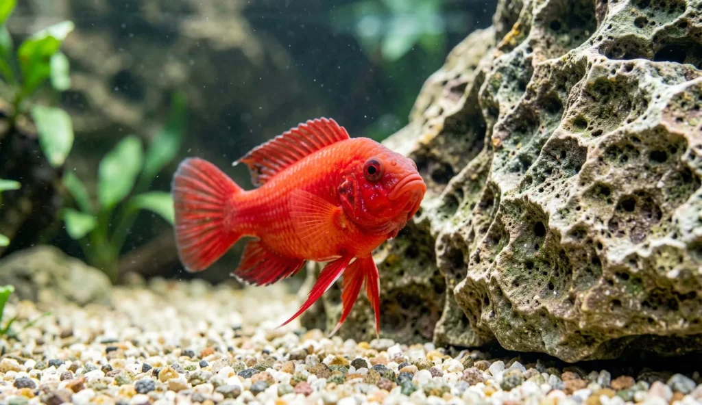 A single red devil cichlid in a species-only aquarium near a rock hideout, facing the camera with natural fins and clear water