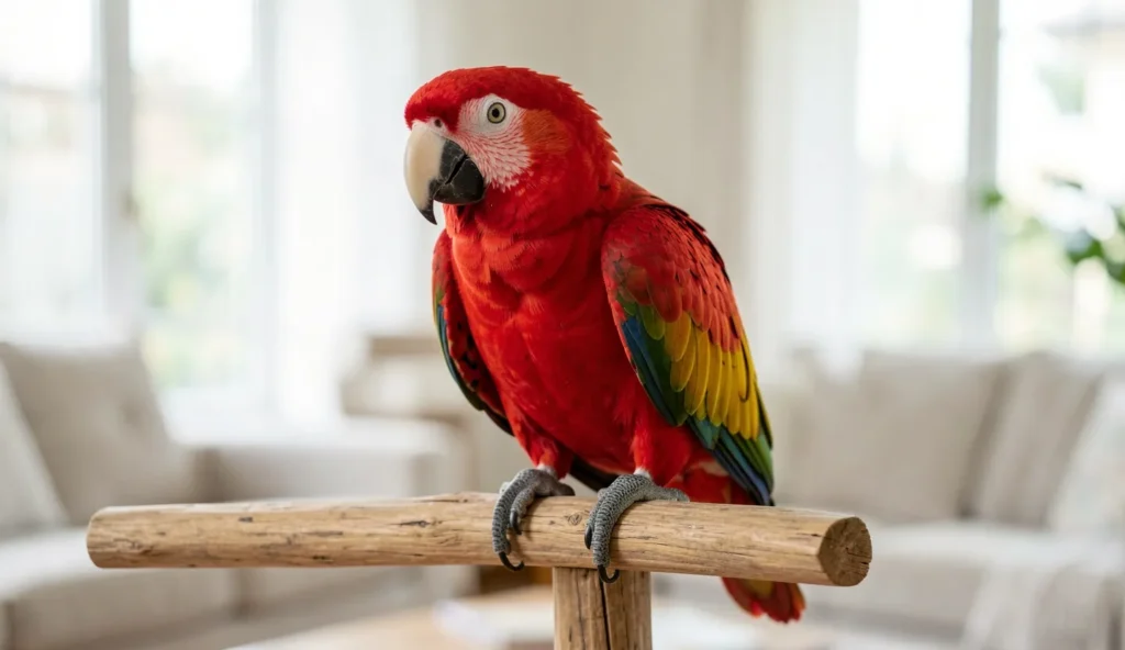 A red lored amazon parrot perched indoors with its red forehead patch clearly visible in natural light.