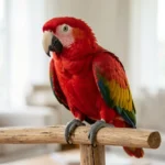 A red lored amazon parrot perched indoors with its red forehead patch clearly visible in natural light.
