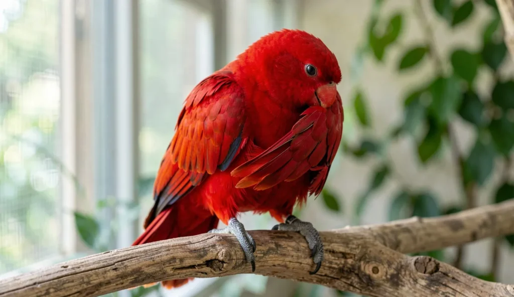 Red Lory perched on a wooden branch, preening its red feathers with its orange beak.