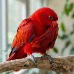 Red Lory perched on a wooden branch, preening its red feathers with its orange beak.