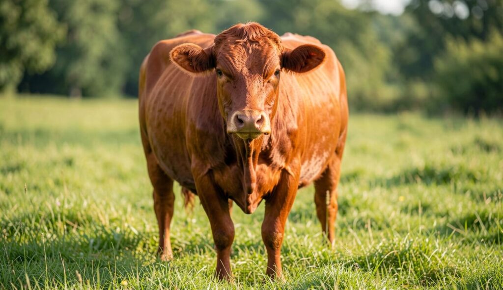 A Red Poll cow with a solid red coat and no horns grazing in a green field under sunlight.