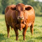 Red Poll Cattle – Polled Dual-Purpose Breed & Complete Care Guide A Red Poll cow with a solid red coat and no horns grazing in a green field under sunlight.