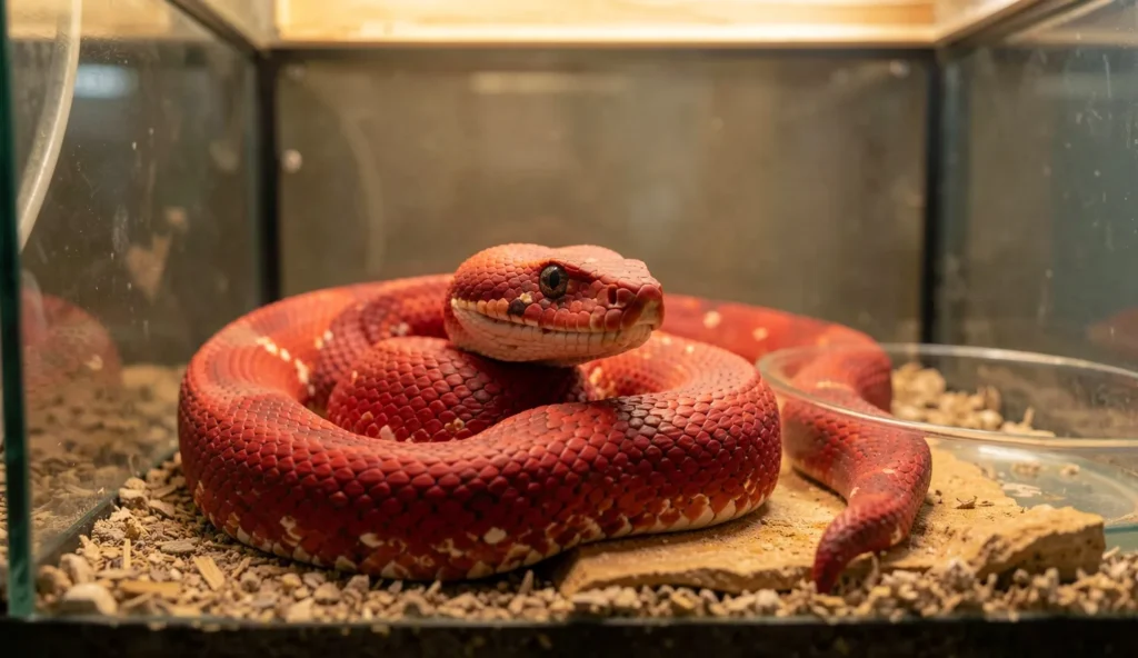 Red tail boa coiled inside a terrarium with a warm hide and visible water dish, photographed from eye level.