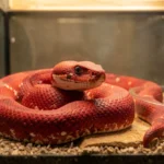 Red tail boa coiled inside a terrarium with a warm hide and visible water dish, photographed from eye level.