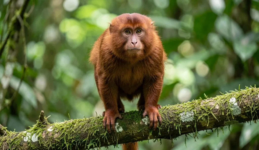 Red Uakari perched in a tropical rainforest