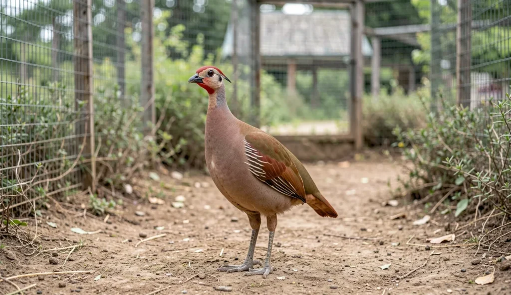 A red-winged francolin standing in an outdoor aviary with natural cover and open space for flight.