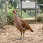A red-winged francolin standing in an outdoor aviary with natural cover and open space for flight.