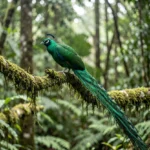 Resplendent Quetzal – Colorful Central American Treasure & Complete Bird Breed Guide Male Resplendent Quetzal perched in a cloud forest showing vivid green plumage and long tail