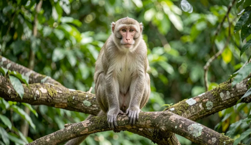 Close-up of a rhesus macaque sitting on a branch in a natural habitat