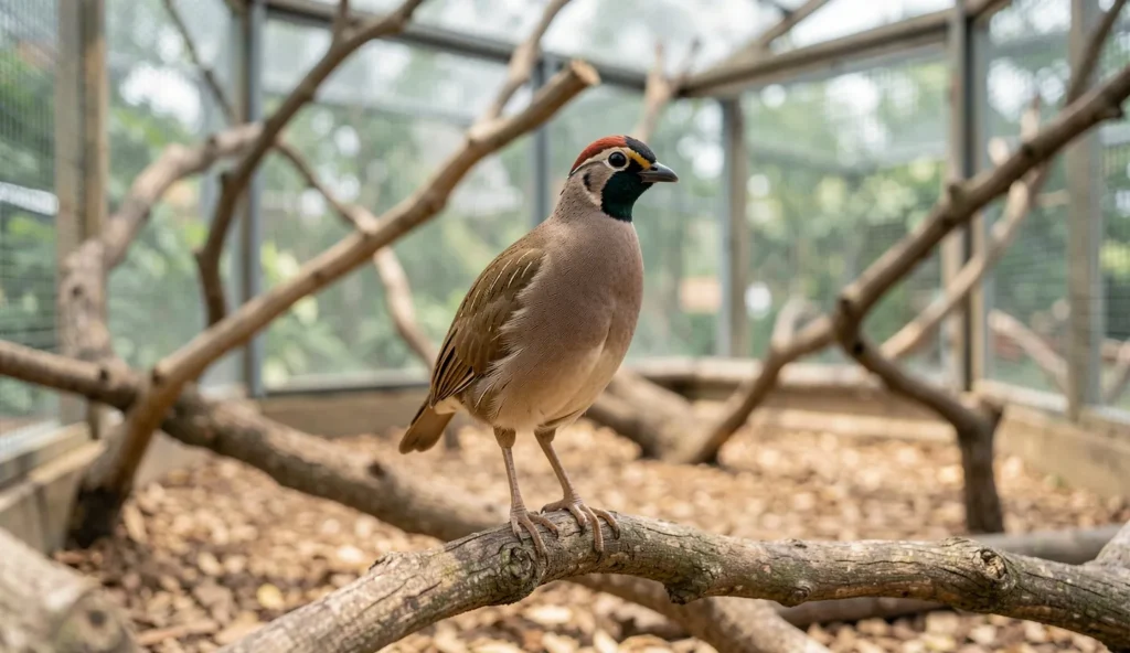 A ring-necked francolin standing on a branch inside an aviary with natural lighting.
