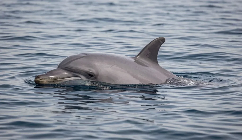 A gray Risso’s dolphin surfaces in deep temperate ocean water, showing its blunt head and dorsal fin near the waterline.