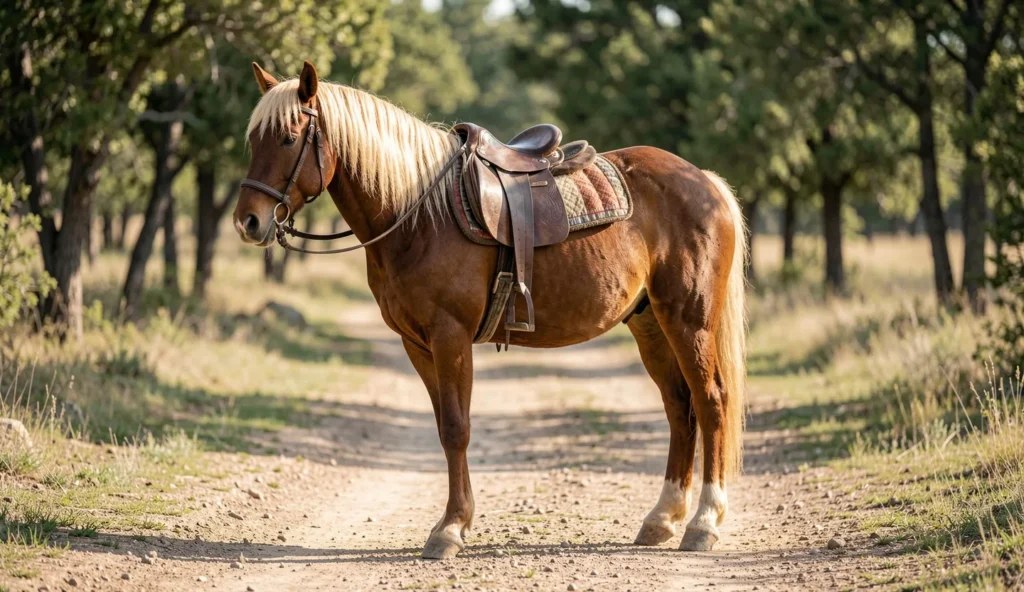 Rocky Mountain Horse on a quiet trail with a relaxed stance, showing a chocolate coat and flaxen mane in natural daylight.