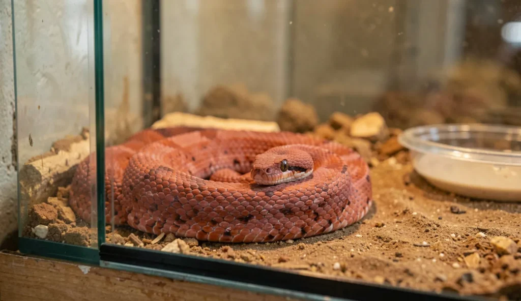 A rosy boa resting calmly inside a warm hide inside a glass terrarium with appropriate bedding and a water bowl