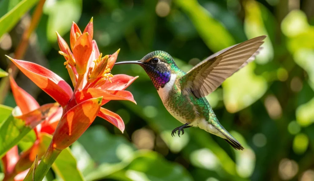 Male Ruby-Topaz Hummingbird with ruby throat and golden-green back perched near a bright flower in a Caribbean garden