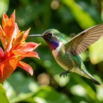 Ruby-Topaz Hummingbird – A Jewel Of The Caribbean & Complete Hummingbird Breeds Guide Male Ruby-Topaz Hummingbird with ruby throat and golden-green back perched near a bright flower in a Caribbean garden