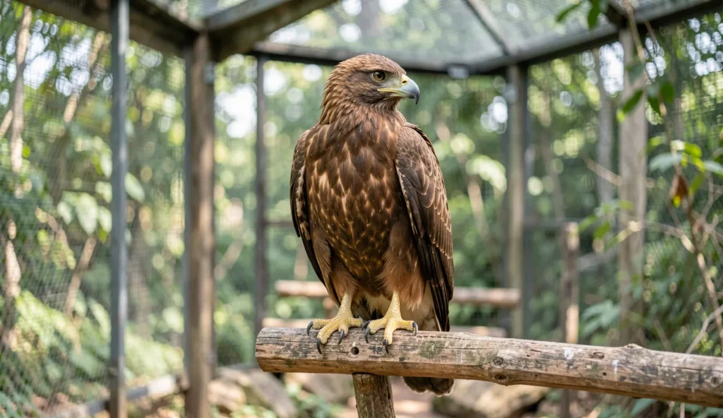 Rufous Bellied Eagle perched inside a spacious aviary with its rufous belly visible in natural daylight.