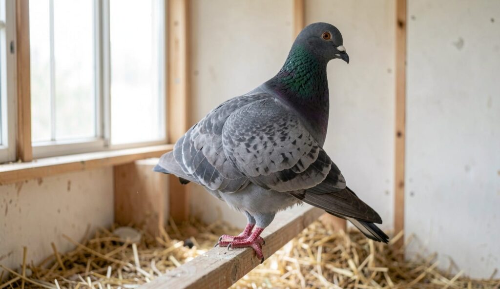 A Runt pigeon standing on a wooden perch in a pigeon loft, showing its large size and broad chest.