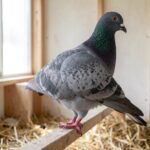 A Runt pigeon standing on a wooden perch in a pigeon loft, showing its large size and broad chest.