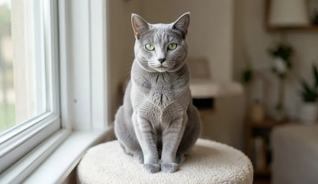 A calm Russian Blue cat with a silver-blue coat and green eyes sitting on a window perch in natural daylight.
