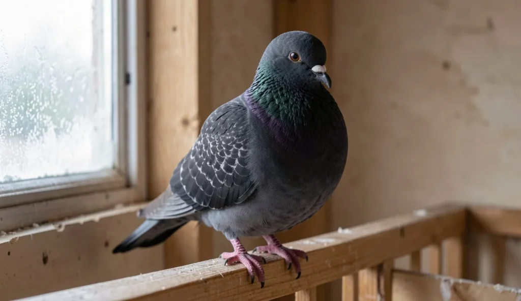 Russian Tumbler pigeon perched on a wooden railing inside a cold climate loft with frost on the window