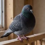Russian Tumbler pigeon perched on a wooden railing inside a cold climate loft with frost on the window