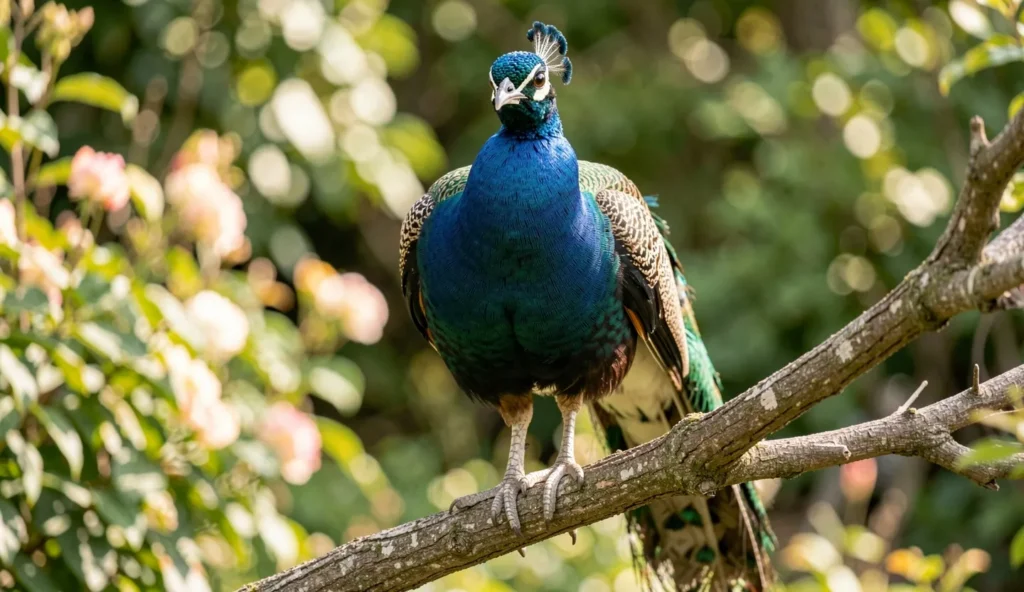 Close up of a Rust Peafowl showing deep rust brown plumage perched on a branch in a sunlit garden.