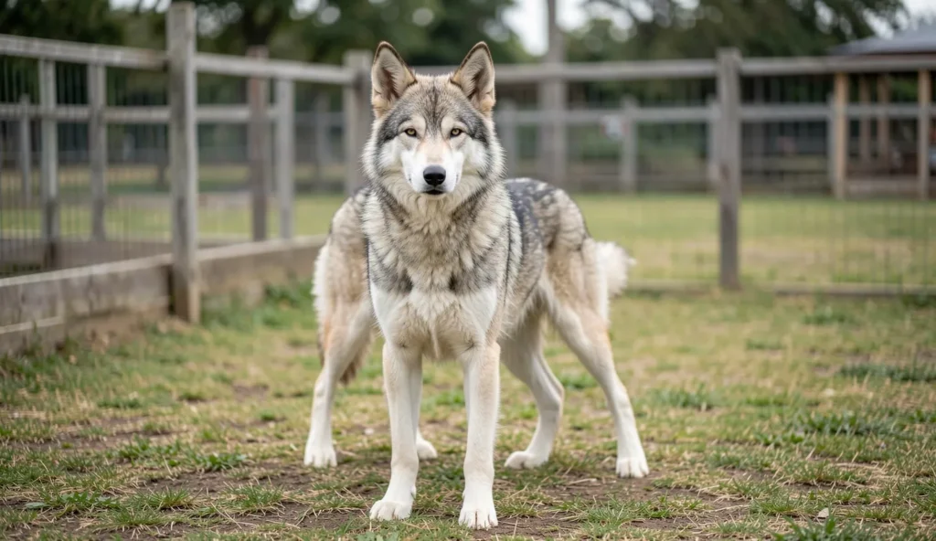 A Saarloos Wolfdog standing alert in a fenced backyard during daylight.