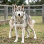 A Saarloos Wolfdog standing alert in a fenced backyard during daylight.