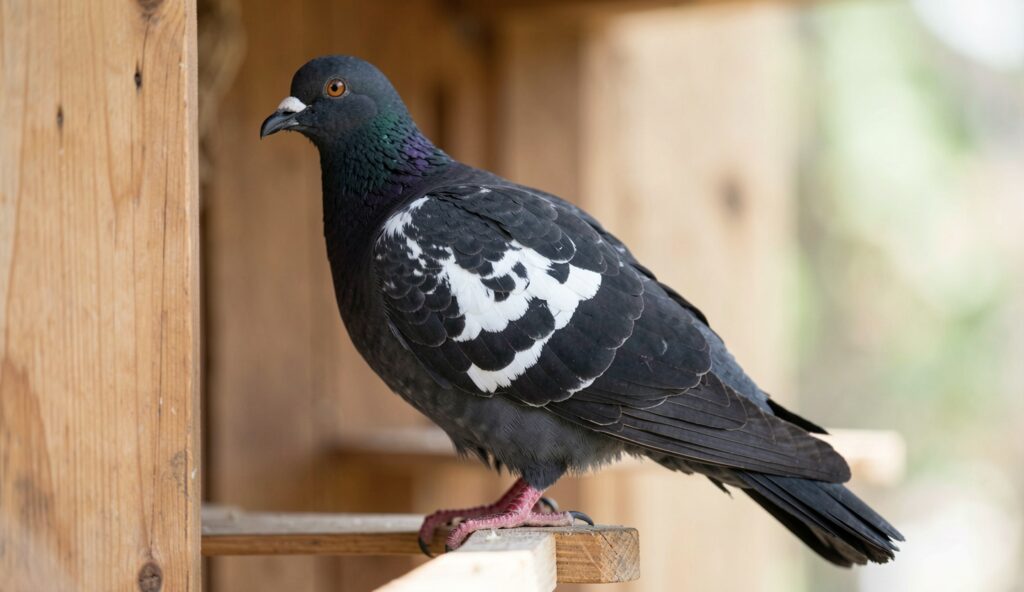 A black saddleback pigeon standing on a wooden perch with the white saddle marking clearly visible on its back