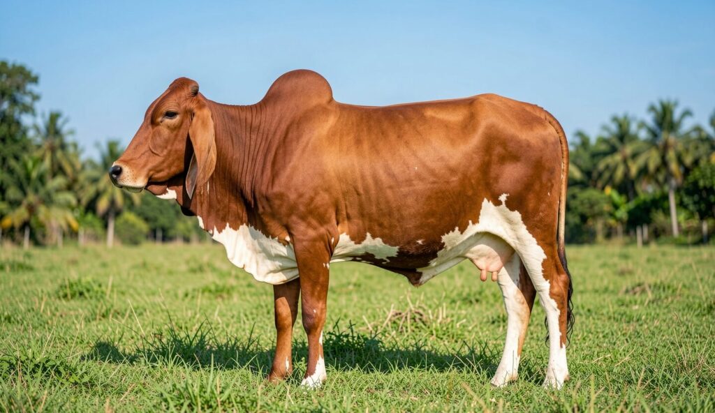 Sahiwal cow grazing in a lush green pasture with a distinctive hump and long ears.