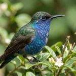 Close-up of a Sapphire-bellied Hummingbird perched on a flowering shrub in a Colombian cloud forest
