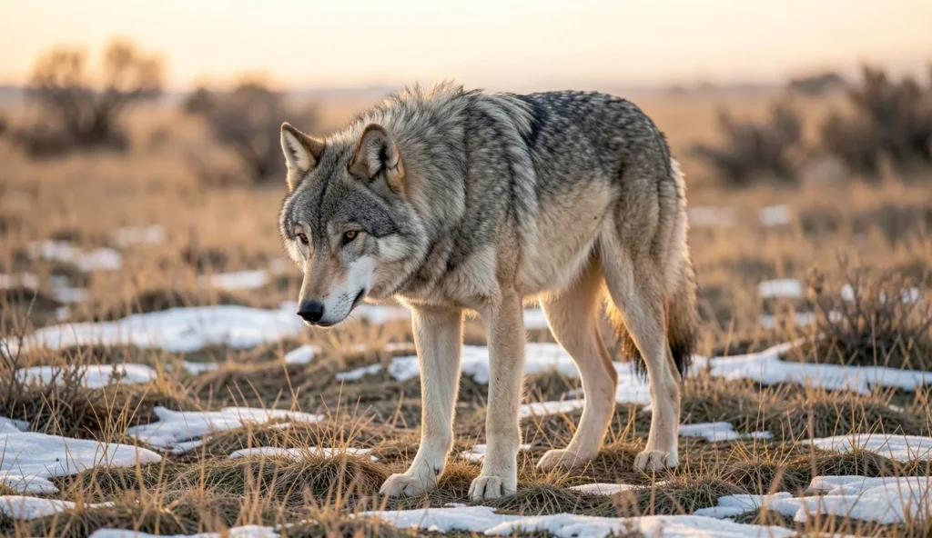 Gray wolf standing on Saskatchewan prairie grassland with low shrubs and light snow patches in the distance during early morning light
