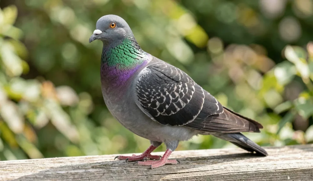 Close-up of a Saxon Fairy Swallow pigeon with iridescent green and purple neck feathers, perched on a wooden ledge in a garden.