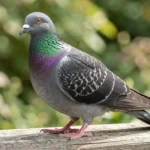Close-up of a Saxon Fairy Swallow pigeon with iridescent green and purple neck feathers, perched on a wooden ledge in a garden.