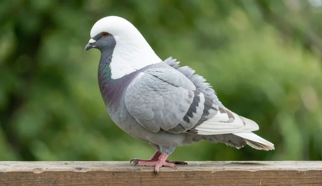 Saxon Monk pigeon with distinctive white hood crest on a wooden perch